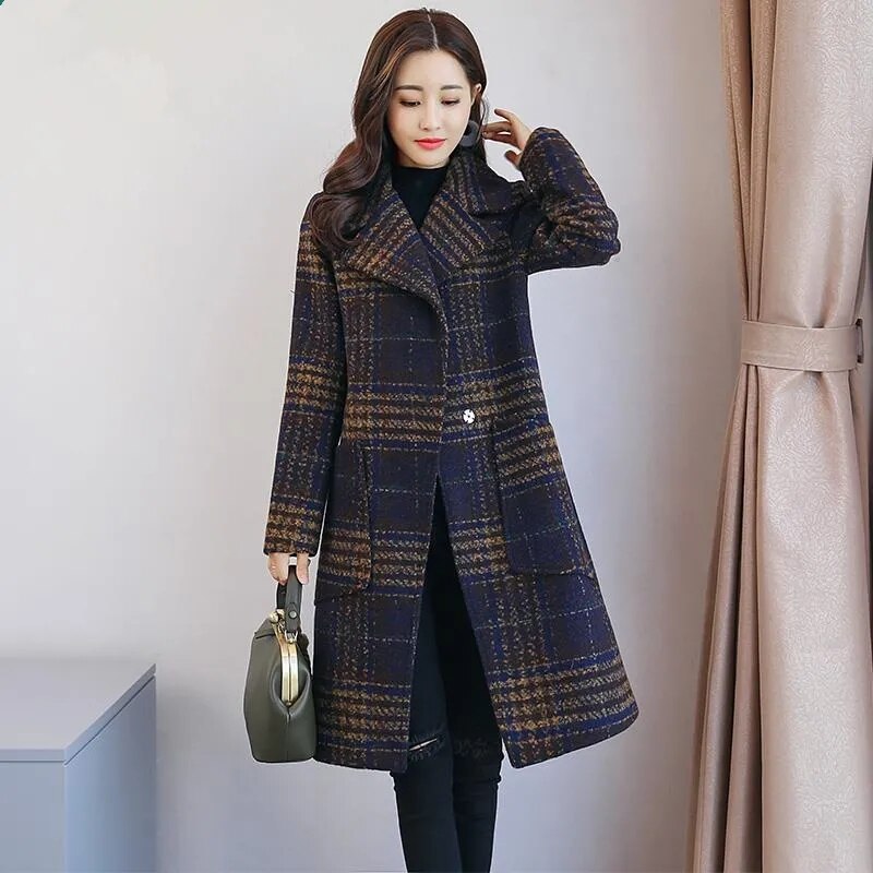 Manteau en laine pour femme, pardessus en treillis, grande taille, Long, décontracté, automne hiver: blue / 4XL