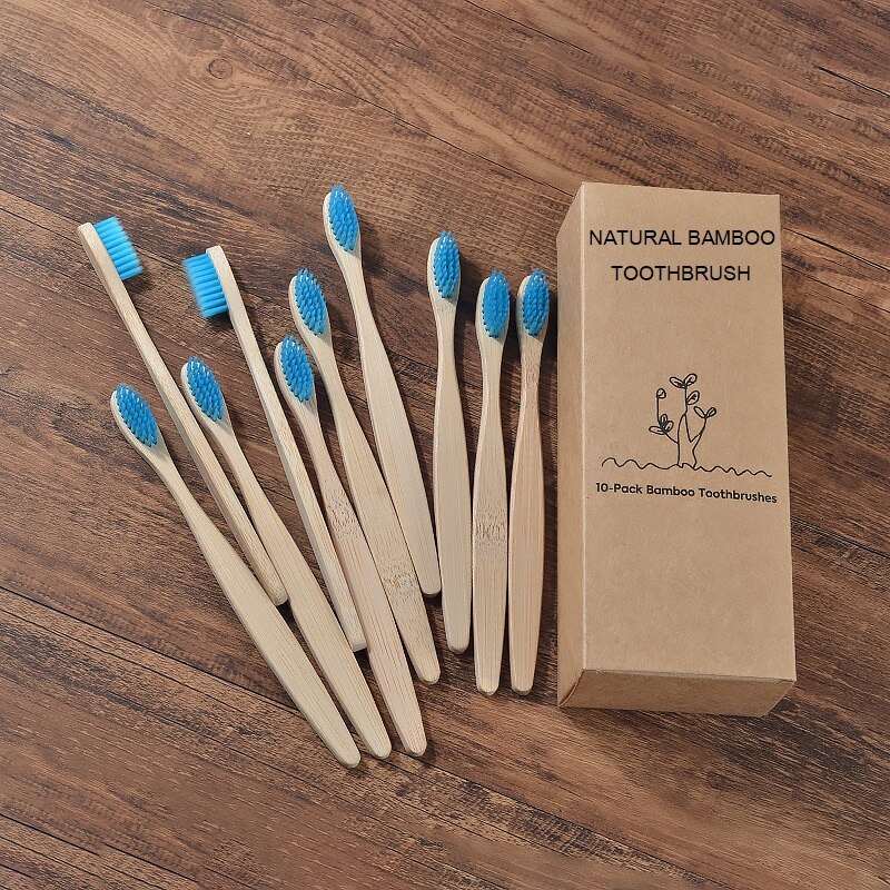10Pcs Gemengde Kleur Bamboe Tandenborstel Eco Vriendelijke Houten Tandenborstel Zachte Haren Tip Houtskool Volwassenen Oral Care Tandenborstel: blue