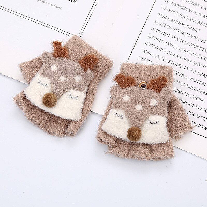Winter Kinderen Jongens En Meisjes Baby Warm Herten Flip Half Vinger Warme Gebreide Wollen Handschoenen 2ST2: Khaki