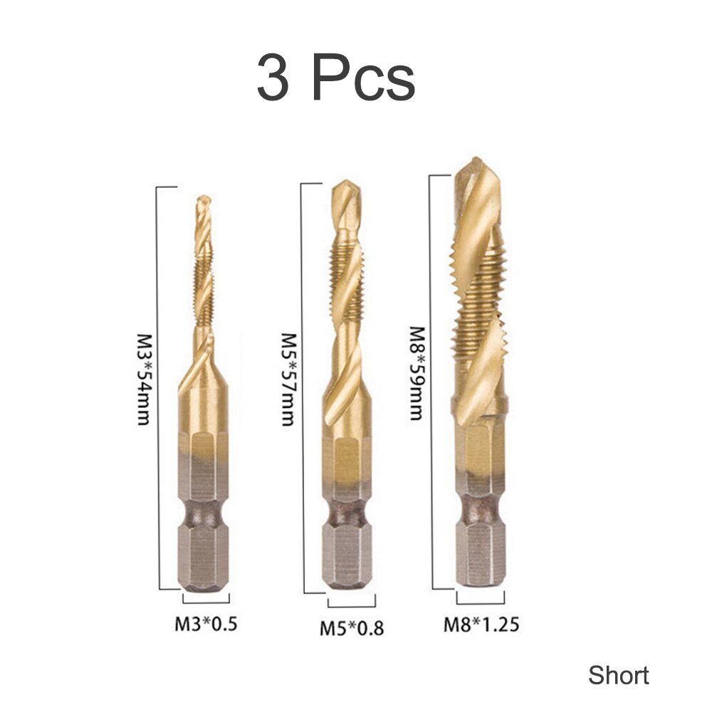 M3-M10 HSS Screw Metric Thread Tap Drill Bits Set Titanium Plated Hex Shank Screw Machine Compound High Speed Change Hand Tool: 3Pcs Short M3 M5 M8