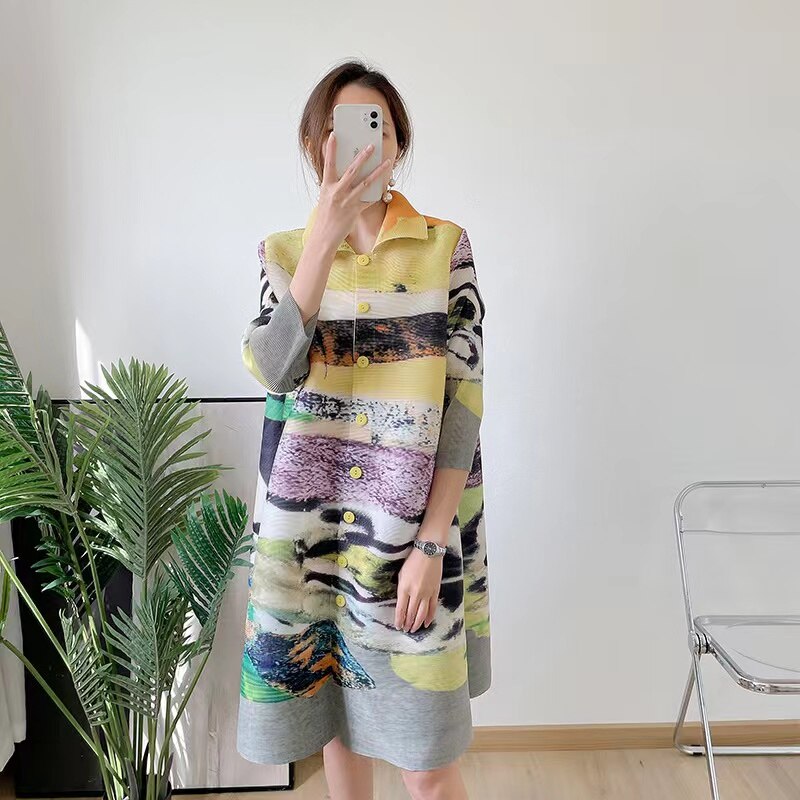 Miyake – manteau plissé imprimé pour femmes, Slim, grande taille, rétro, revers, simple boutonnage, décontracté, printemps 2022