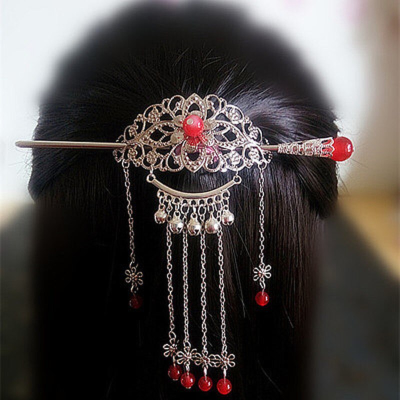 Women Retro Traditional Chinese Wedding Floral Tassels Bells Hair Stick Chopsticks Headwear Hairstick Jewelry