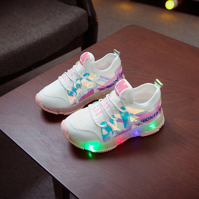Autumn Kids Led Shoes Lycra Mesh Breathable Children's Shoes with Light Boys and Girls LED Lights Sneakers chaussure enfant: Pink / 24