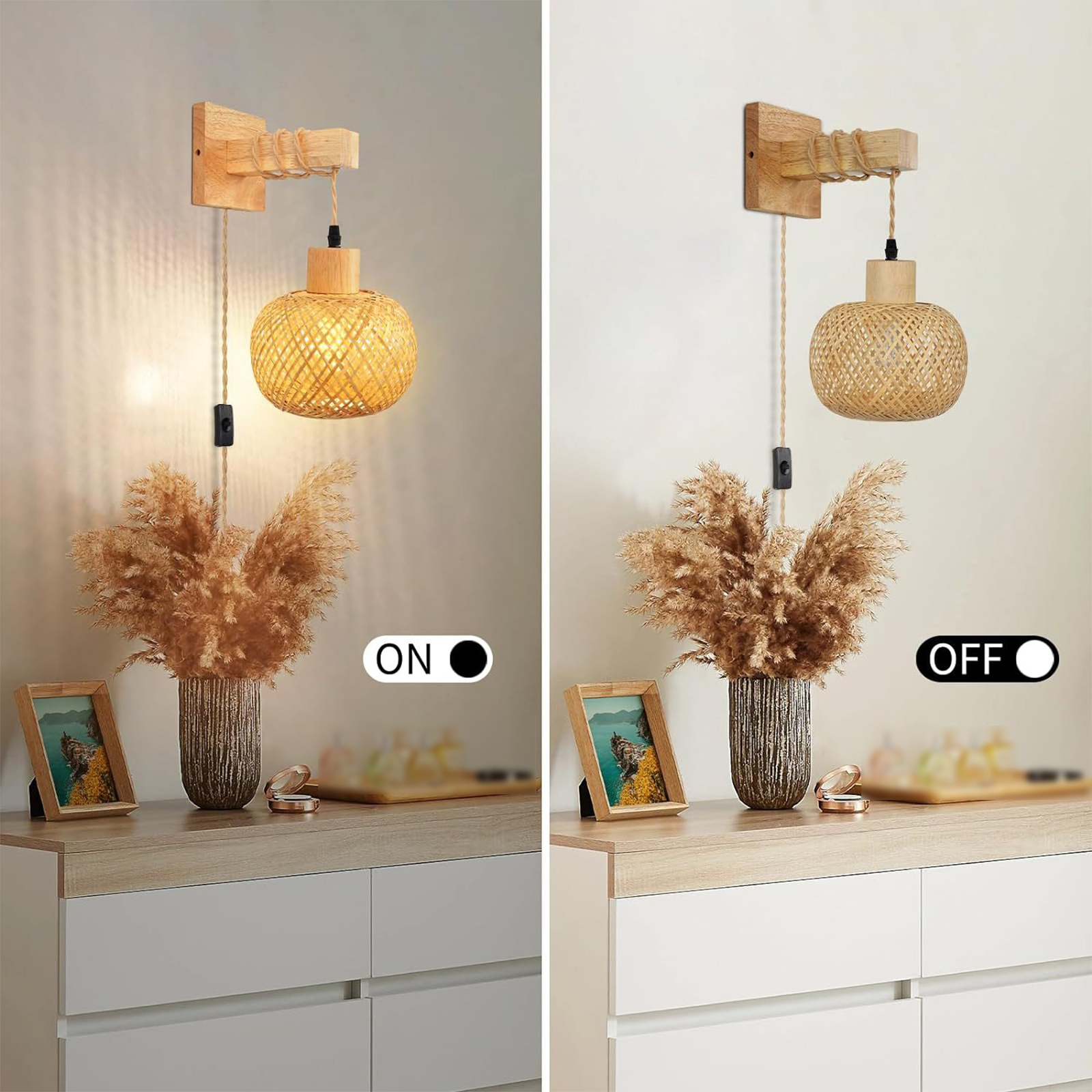 Wall Sconce Hand Woven Boho Bamboo Bedside Wall Lamp Plug in Pendant Light for Home Bedroom Living Room Light Fixtures EU Plug