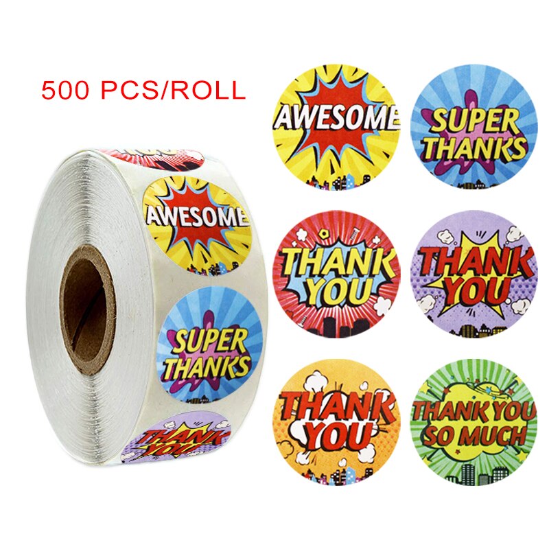 1 inch Cratoon Words Thank You Stickers 500pcs/roll Seal Labels for Teacher Reward Student Sticker Round Reward Sticker for Kids