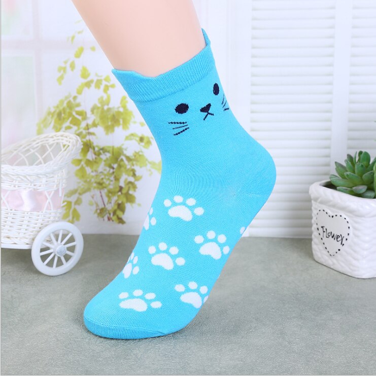 5 Pairs Leuke Harajuku Vrouwen Sokken Set Cartoon Print Katten Poot Patroon Katoenen Sokken Met Kat Oren Voor Vrouwen herfst Sokken