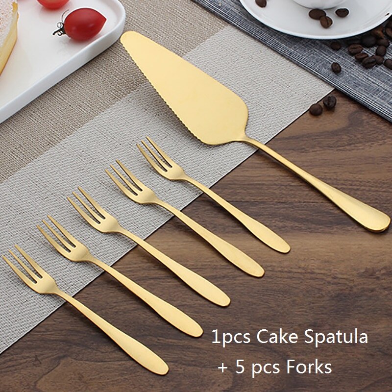 Guld kage spatel gafler sæt rustfrit stål eftermiddagskage skovl dessert frugt gaffel bryllup fødselsdag kage server sæt: 1 kageskovl 5 gaffel