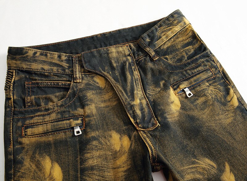 KH Men's Jeans Pleated Motorcycle Biker Denim Pants Men Slim Elastic Yellow Punk Trousers Plus size 28~42
