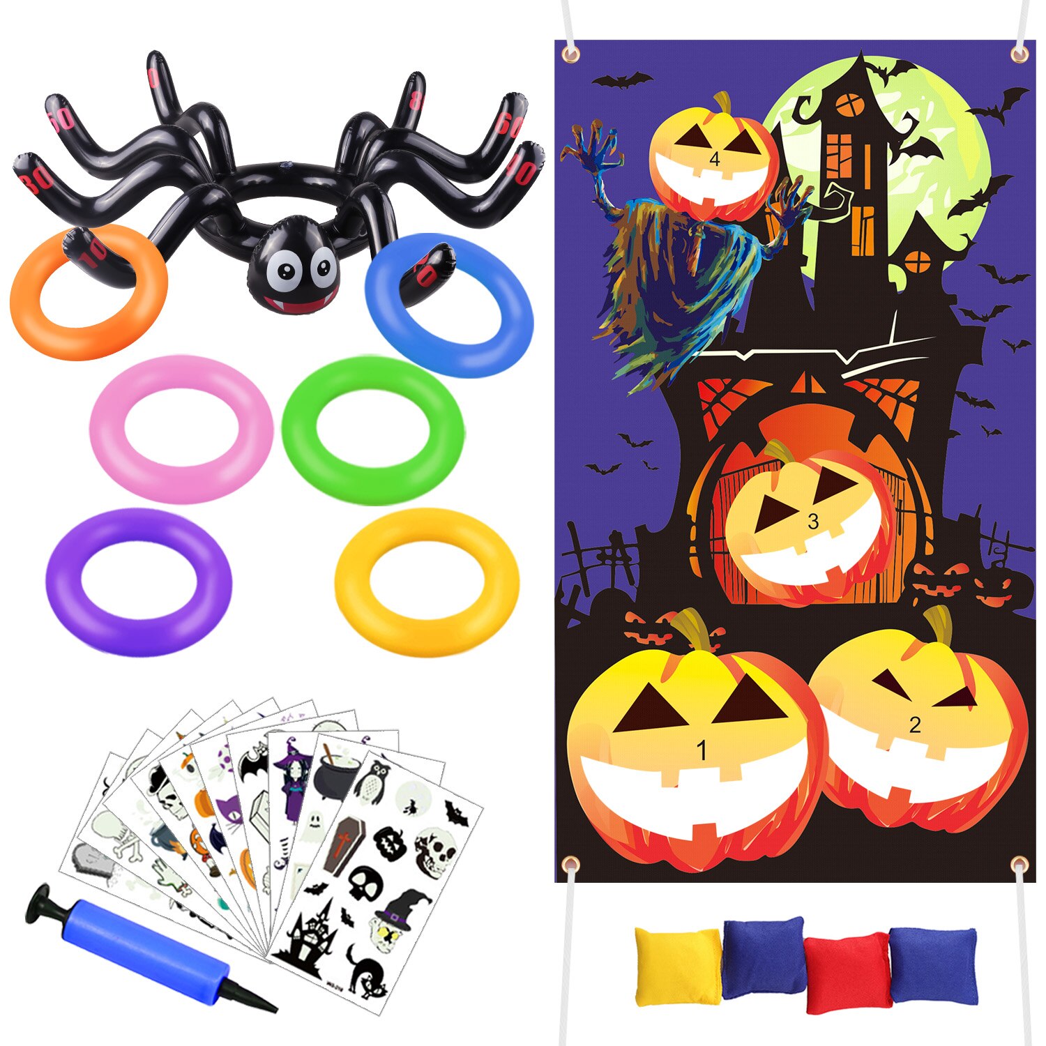 Besegad Halloween Gioco di Lancio kit Gonfiabile ragno Cappello Anello lanciare impostato con Sacchi di fagioli Lancio Gioco impostato per la Festa di Halloween forniture