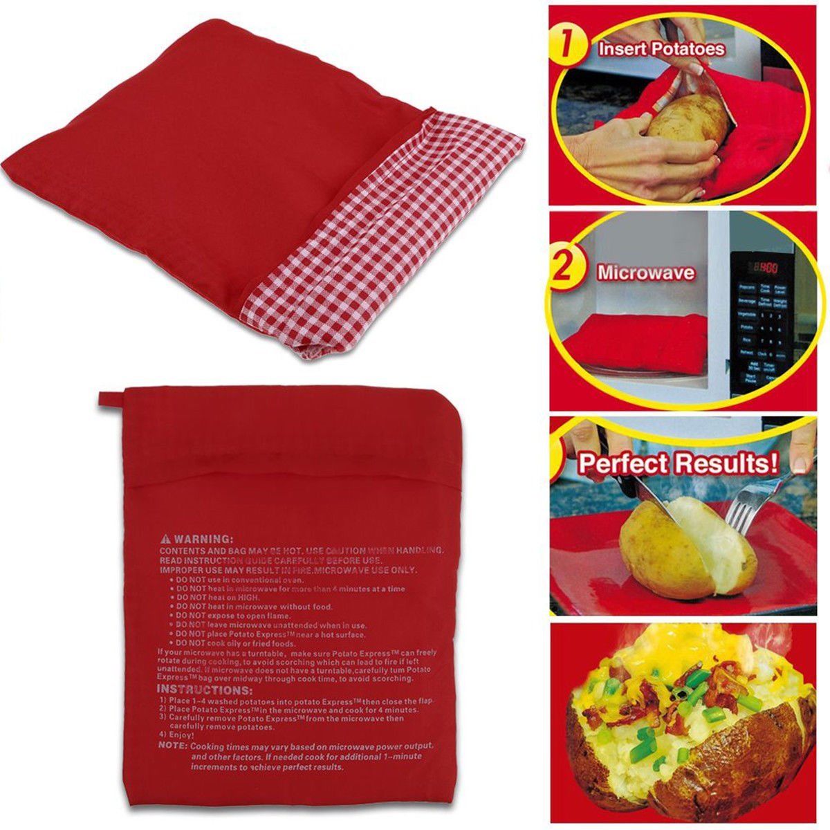 Bolsa para cocinar patatas en microondas, lavable, color rojo, 1 Uds., bolsa para hornear arroz, bolsillo, utensilios de cocina fáciles de cocinar