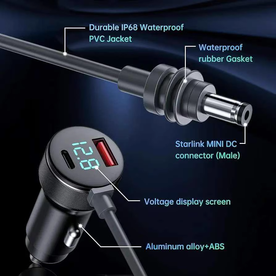 Für Starlink Mini-Stromkabel, 2 m/3 m, 12 V-24 V, Cigarrete-Feuerzeug-Adapter auf DC-Stromkabel mit USB-Typ-C-Anschluss und Voltmeter