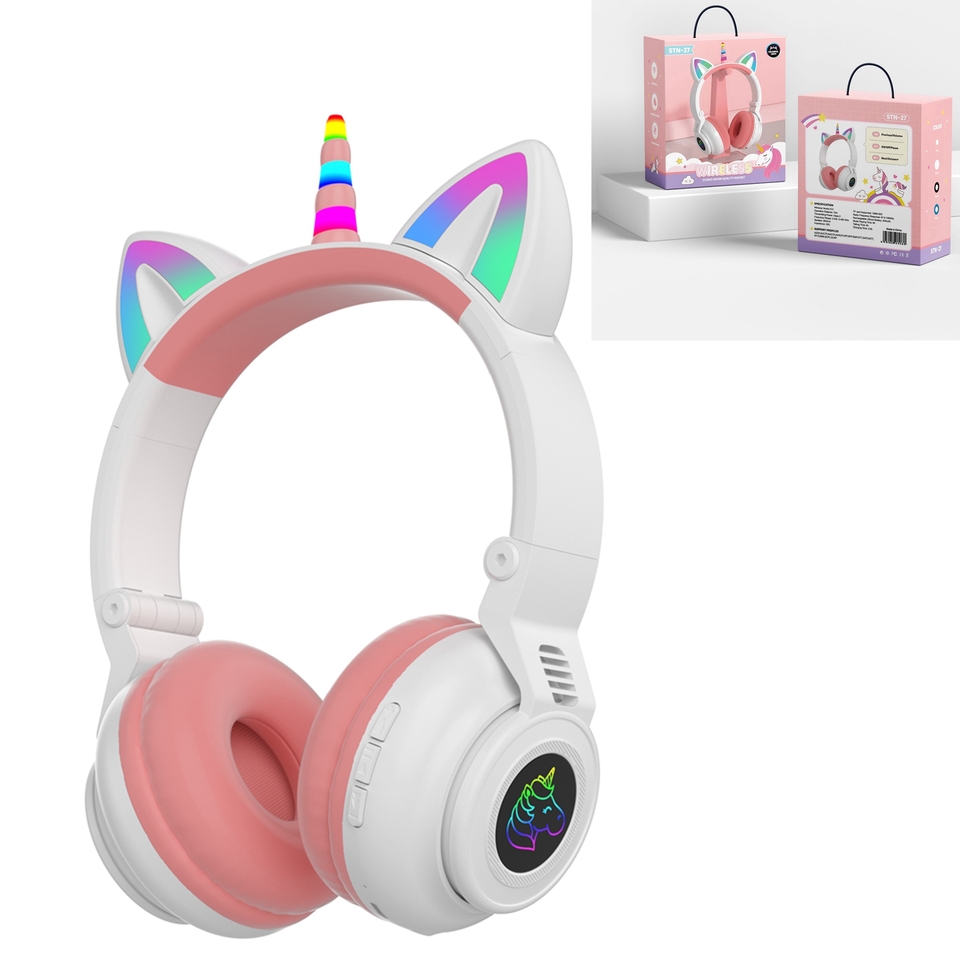 Söta enhörning trådlösa hörlurar med mikrofoner, styr rgb ljus barn tjejer musik stereo hjälm mobiltelefon headset: Vit med låda