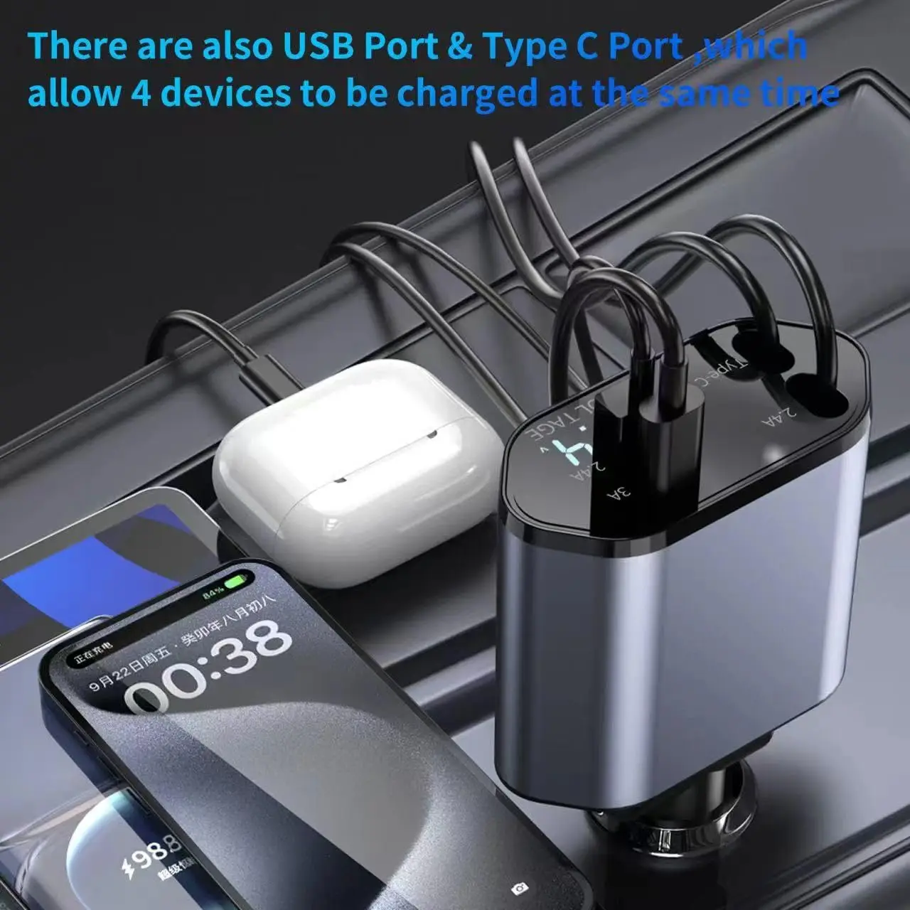 Intrekbare Autolader, 4 In 1 Snelle Autolader Met Snoer 2,6 Ft, Intrekbare Kabel En 2 Usb-Poorten Autolader Aanpassen