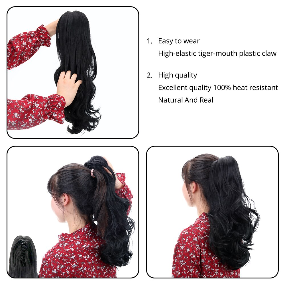 Extension capillaire synthétique 18 pouces, postiche brune naturelle ondulée avec pince à cheveux