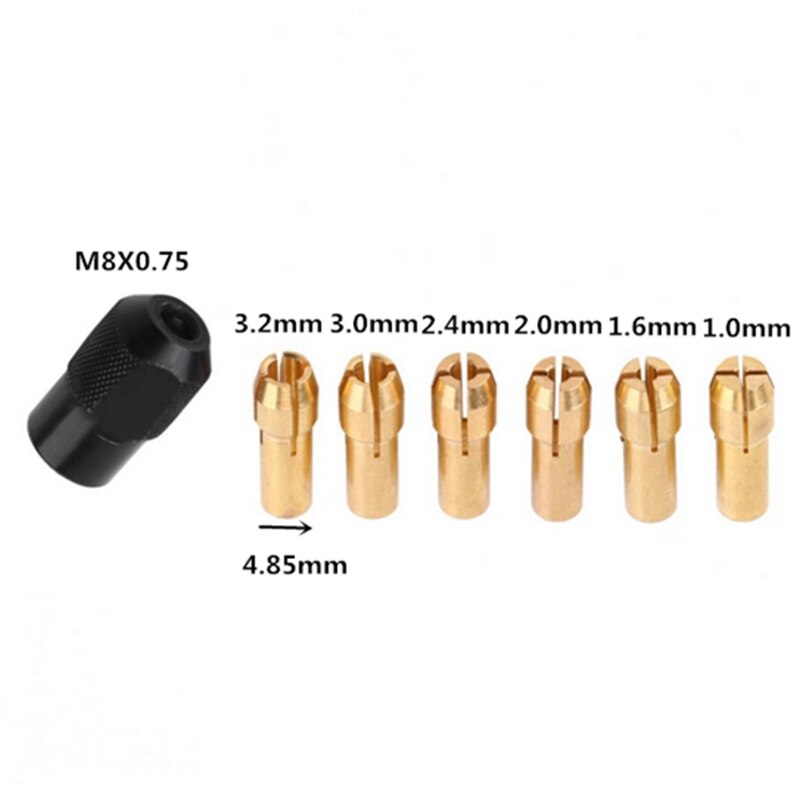 6 st 1-3.2mm mässingsborr hylschuckar med  m8 x 0.75mm +  svart mutter dremel roterande verktyg tillbehör