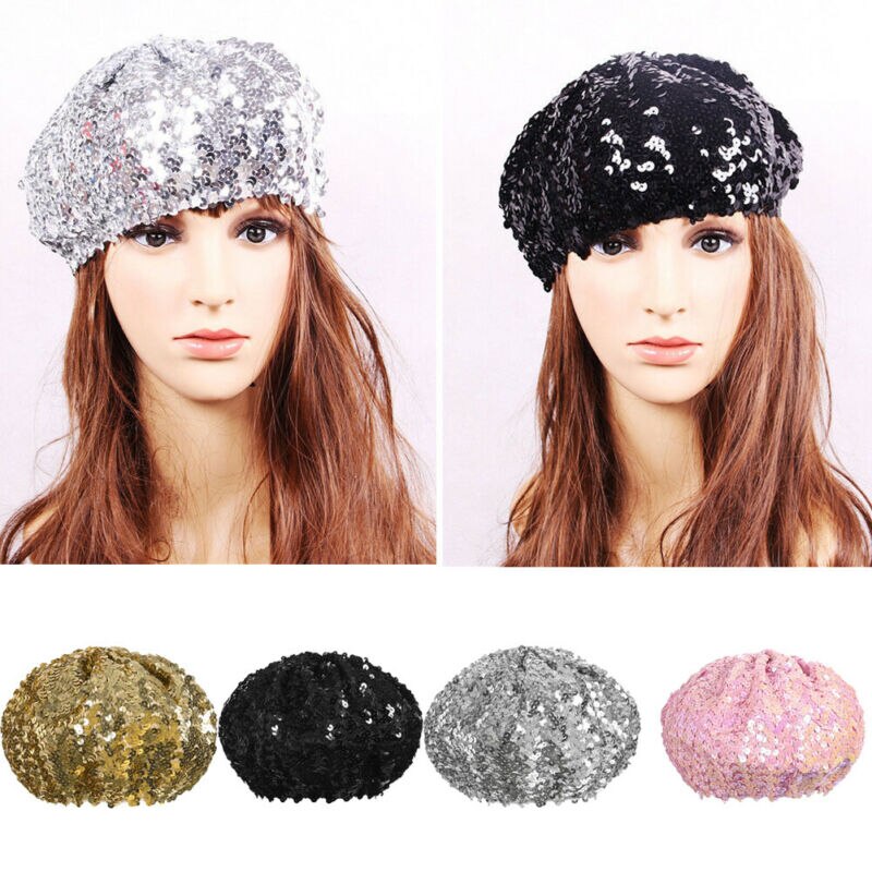 Dam paljetter hatt glänsande kostym jazz glitter dans basker rund keps dam accessoarer mössa dam kostym stretch party