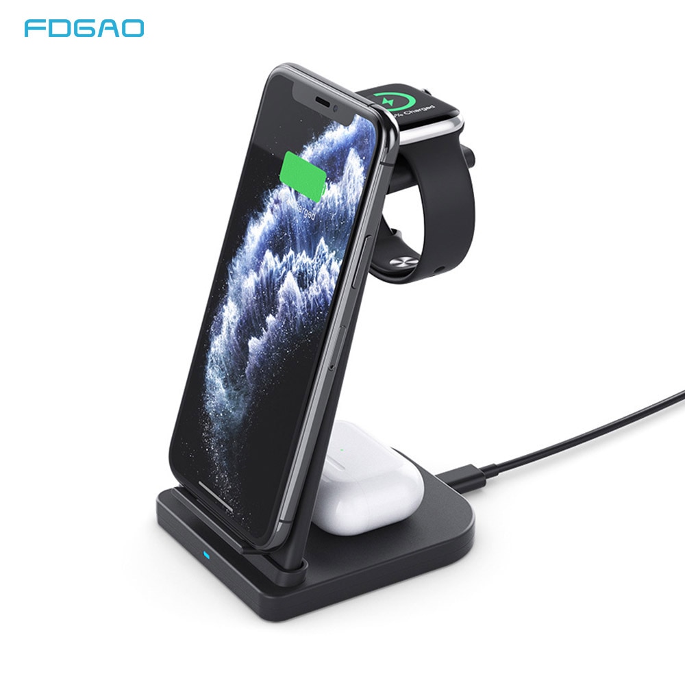 FDGAO 15W Qi Wireless Charger Stand Fast Charging Station For iPhone 13 12 11 XS XR X 8 Apple Watch 7 6 5 4 AirPods 3 Pro