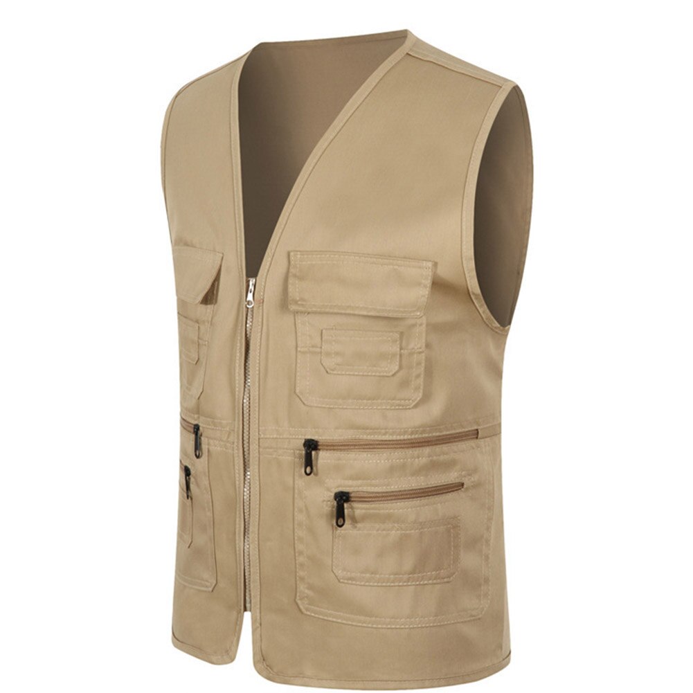 Unisex Multi-Pocket Solid Color Waistcoat Work Fishing Photography Vest Jacket: Khaki