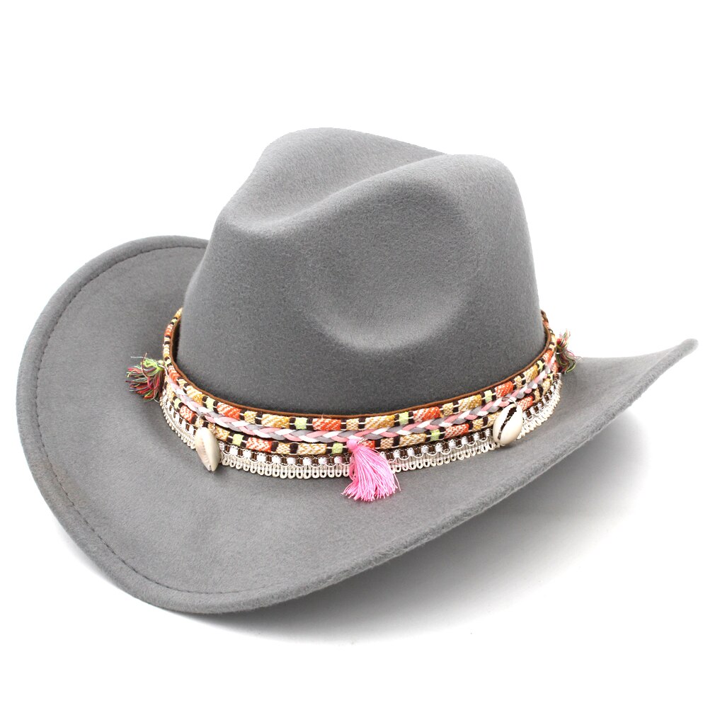 Mistdawn kvinder damer uld bred rand vestlige cowboy hat cowgirl ridning kostume kasket kvast boheme hatbånd størrelse 56-58cm bbd: Grå