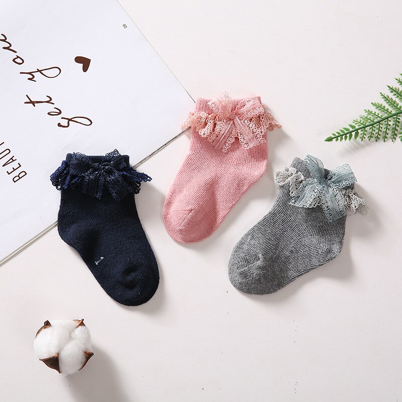 Dentelle à volants bébé chaussettes couleur unie mignon nœuds princesse bébé fille chaussettes doux printemps automne infantile enfant en bas âge chaussettes Sokken