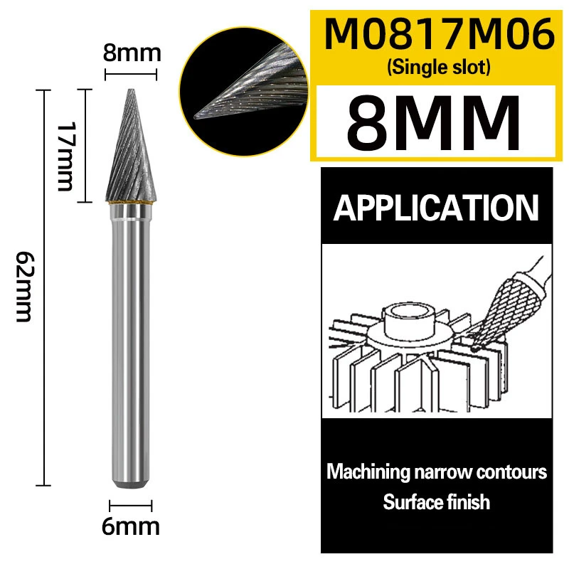 Slibehoved i wolframstål med roterende fil i hårdmetal, konisk fræser, metalslibning, gravering, enkelt og dobbelt spor, m-type: 34mm