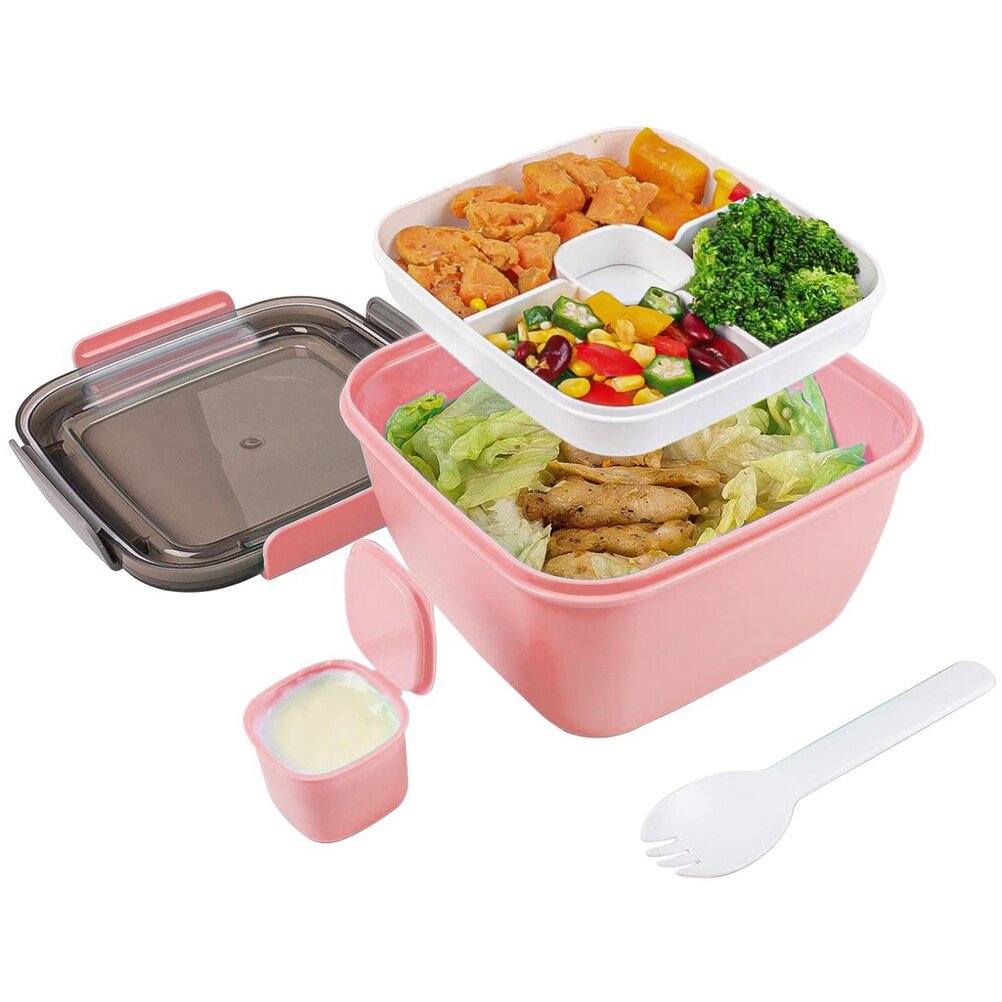 Salad Lunch Container Large Salad Bowl With Removable 4-Compartment Bento-Style Tray And Sauce Container #20: Pink