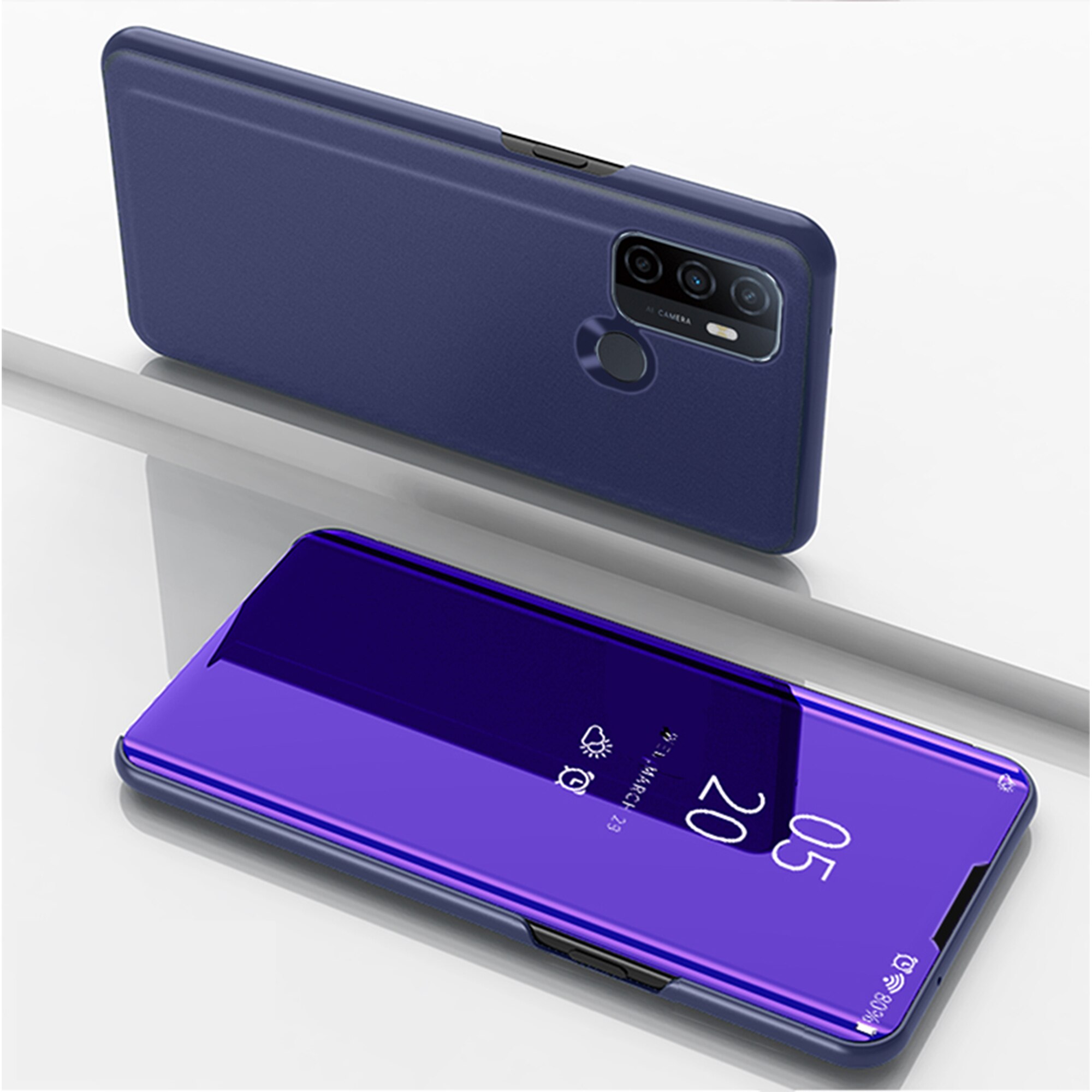 Uftemr Phone Case for OPPO A53 Case Cover PC Leather Mirror Clear View Stand Shockproof Flip Book Case for OPPO A53 A 53: Purple blue