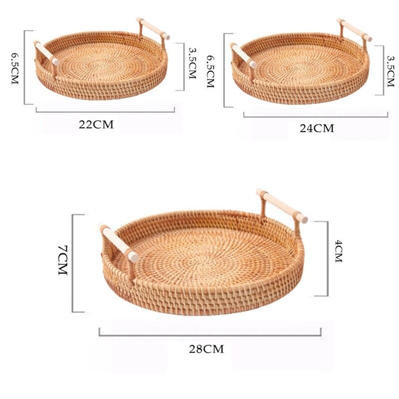 Hand-gewebte Runde Rattan Tablett Obst Snacks Lagerung Korb Organizer mit Griff Herbst gewebte Ablage