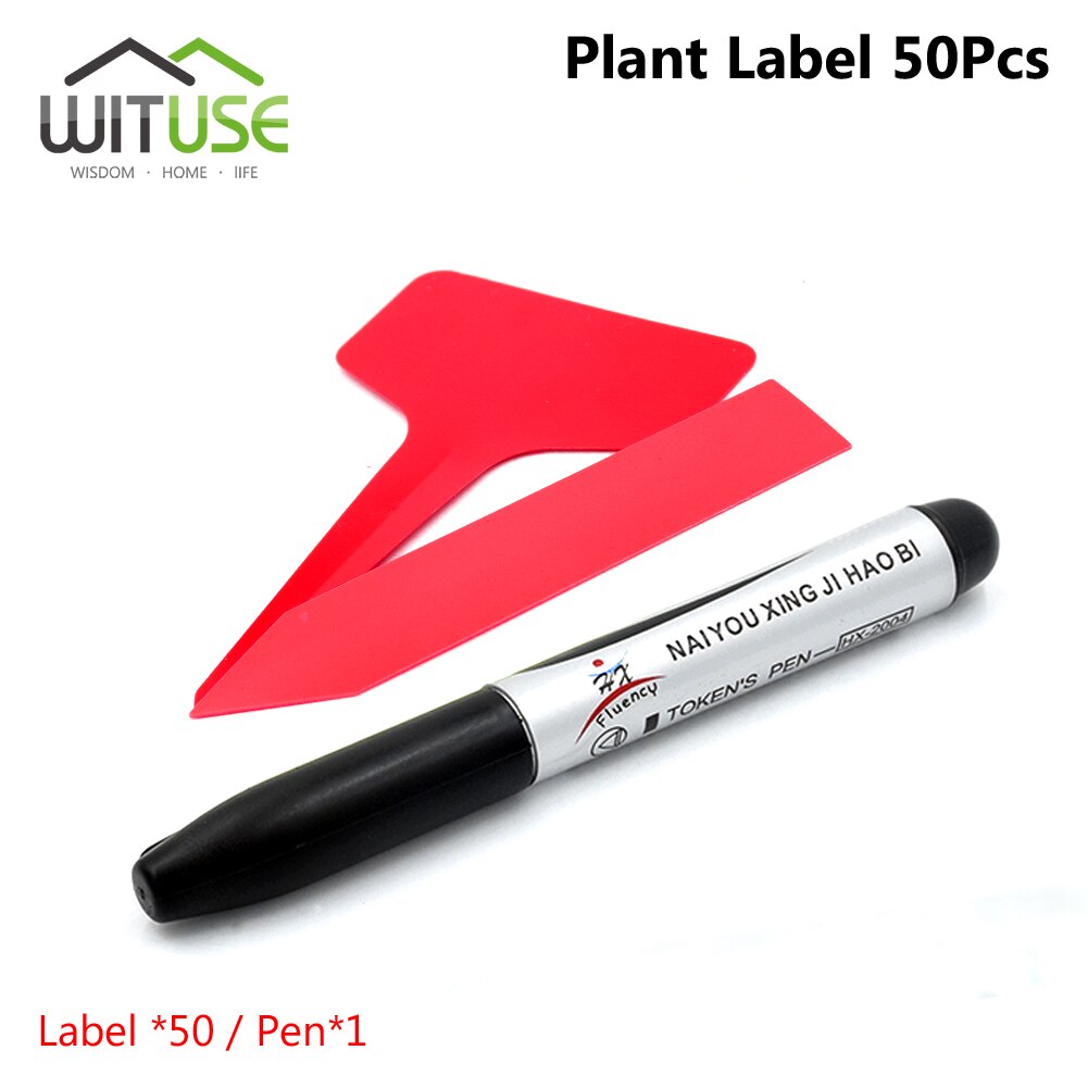100 stk t-type + pind plast børnehave etiket holdbar og genanvendelig vandtæt haveplante etiket blomst tykt tagmærke med en pen: Rød