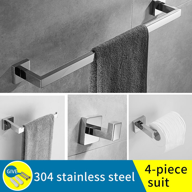 4-Piece Bathroom Hardware Set In Black | Stainless Steel Towel Ring, Toilet Paper Holder & 2 Hooks | Wall Mounted