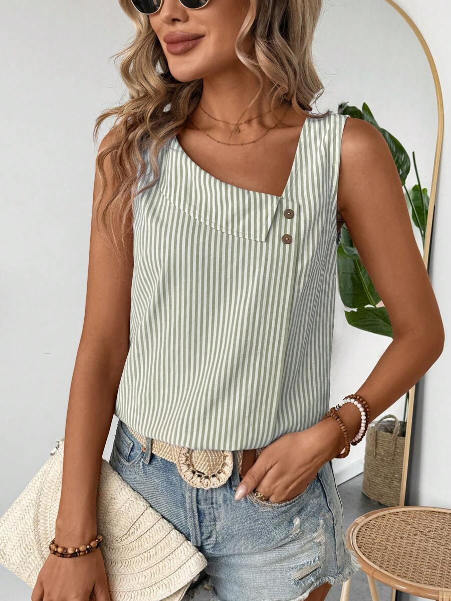 Kvinders afslappet skrå krave ærmeløs pullover flerfarvet stribet dame top t-shirt bluser skjorte kvinder: Xl / Beige