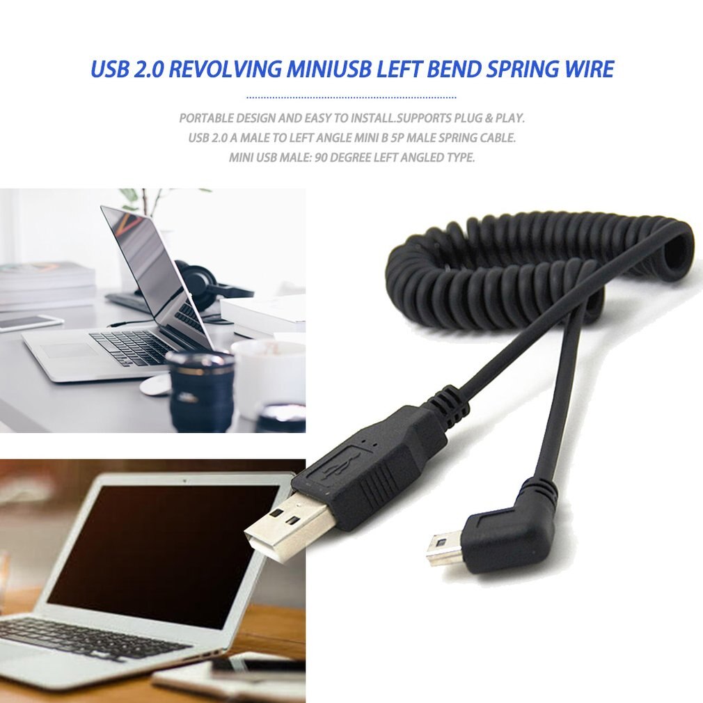 Câble adaptateur spiralé coudé à 90 degrés usb 2.0 a mâle 1pc mini usb 5 broches pour appareils photo numériques  mp3 lecteurs ccc