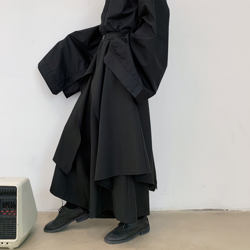 Miehet rento mustat leveät lahkeet housuhameet miespuoliset naiset japani katuvaatteet punk gootti kimono housut haaremi housut näyttämövaatteet
