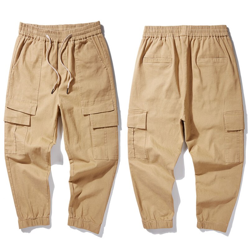Pantalon cargo décontracté en coton 6xl homme, 5xl taille, taille élastique, multi-poches, kaki, vert: Kaki / Xxl
