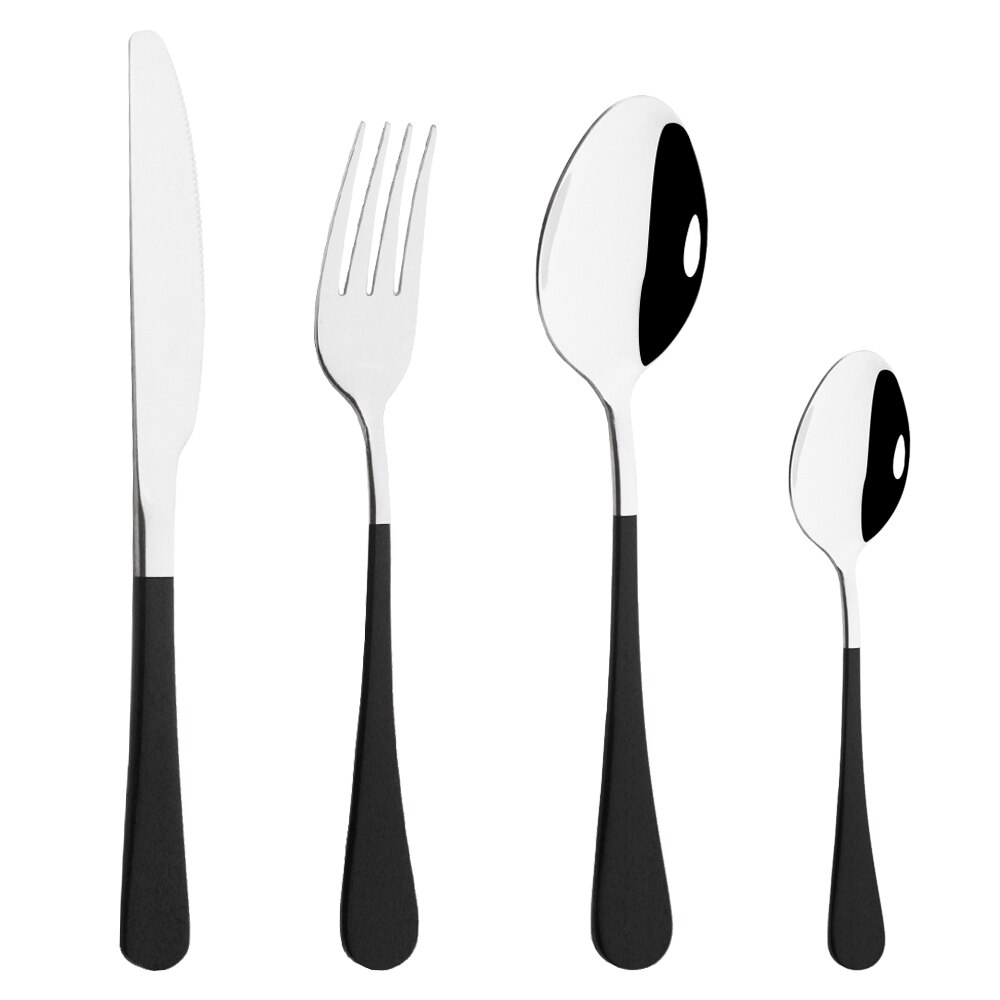 Couverts de cuisine en or blanc, 4 pièces, argenterie, service de table en acier inoxydable, service de table, couteau, fourchette, cuillère: Black Silver