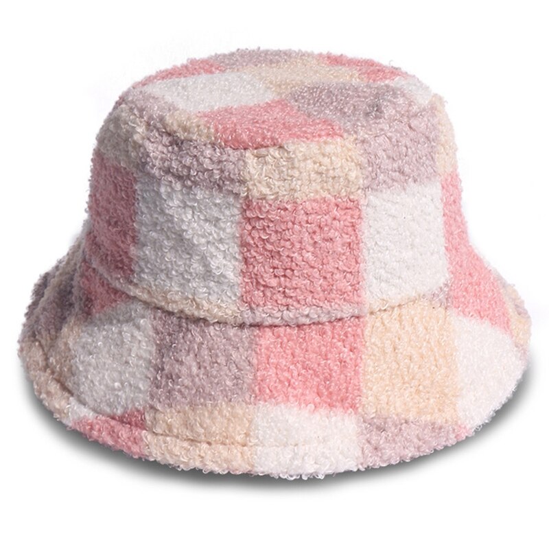 Women Men Winter Warm Fuzzy Plush Bucket Hat Sweet Color Block Plaid Printed Wide Brim Sunscreen Harajuku Fisherman Cap