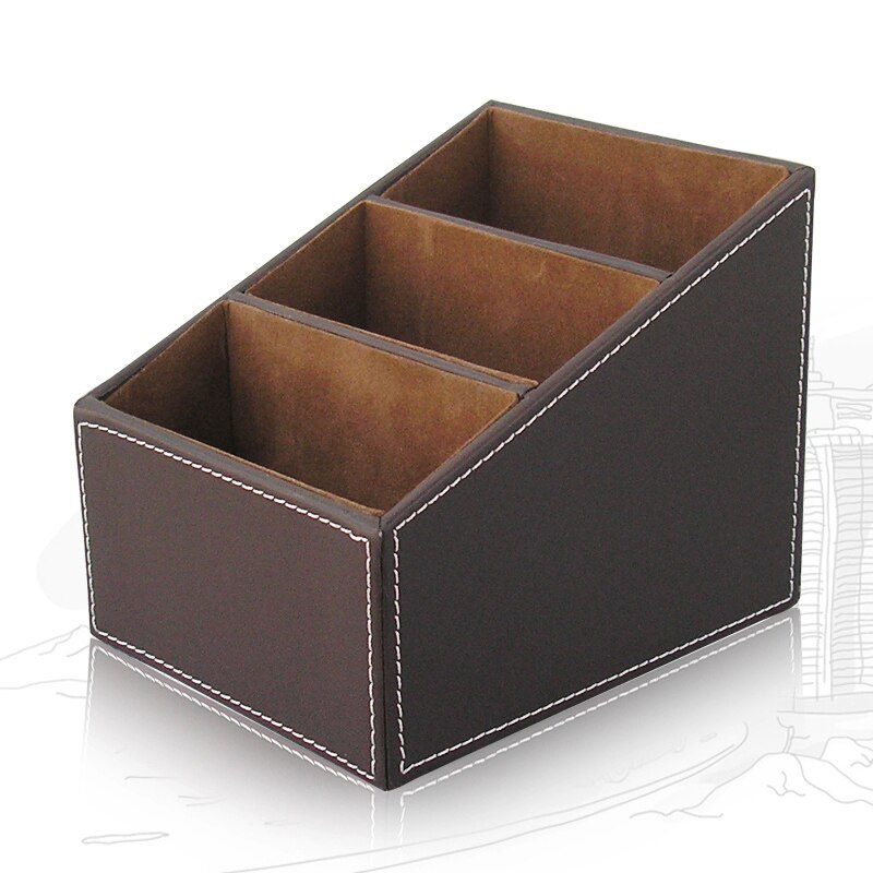 Office Accessories PU Leather Pen Holder Storage Box Stationery Desk Organizer Black Pencil cup remote control holder: Brown A003