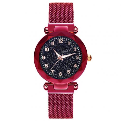 Women watch wild Starry Round Dial sky numeral Milan Magnetic Clasp Ladies Geometric Roman Numeral Quartz Analog Watch: Red