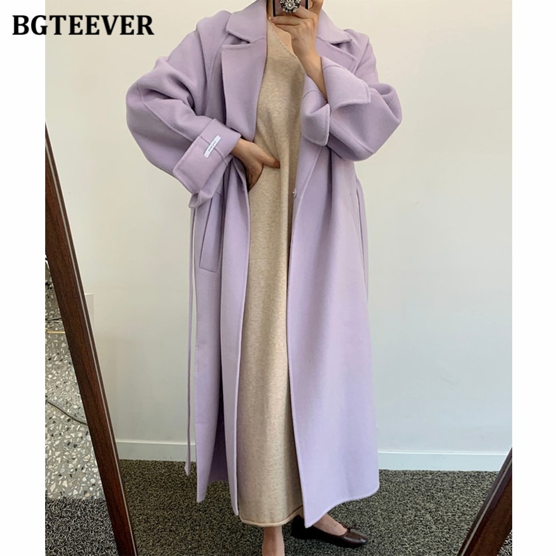 BGTEEVER-abrigos de mezcla larga para mujer, abrigos gruesos de invierno, abrigos cálidos con cordones y cuello con muescas,