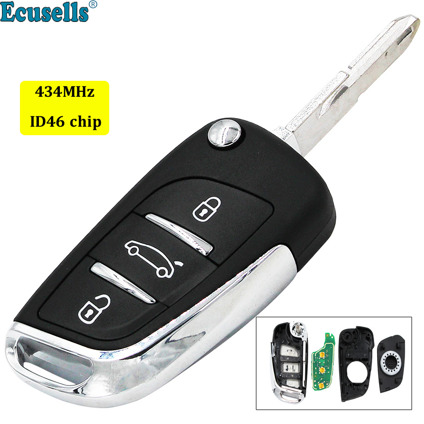 DS Style Keyless Entry Fob 3 Buttons 434mhz ID46 Chip Folding flip key for Peugeot 206 207 206CC NE72 BLADE