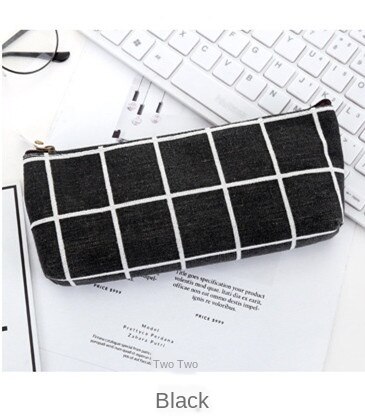 Square Plaid canvas small fresh stripe pencil case simple and pencil case for boys and girls: black