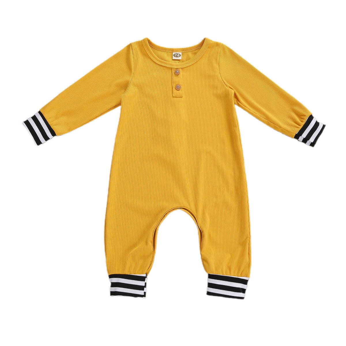 Peuter Herfst Kleding O-hals Lange Mouwen Geribbelde Jumpsuit Met Strepen Manchetten En Terug Trimmings Voor Baby Meisjes, Jongens: Geel / 18m