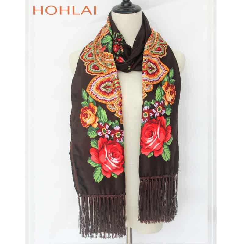 Foulard Long Femme à Franges - Imprimé Floral - Mélange Coton - Plus de 175cm: Brun