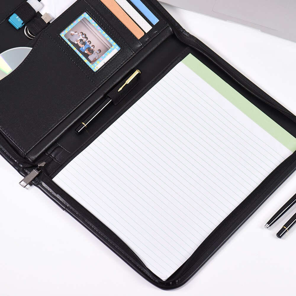 Carpeta de documentos A4 de cuero PU para oficina, carpeta Padfolio multifunción, con cierre con cremallera y tarjeta de visita