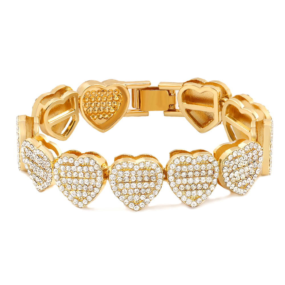 Crystal Heart Cuban Link Ketting Armband Voor Vrouwen Full Strass Hiphop Luxe Bling Chunky Armband Bruiloft Sieraden Cadeau: Hot Stamping