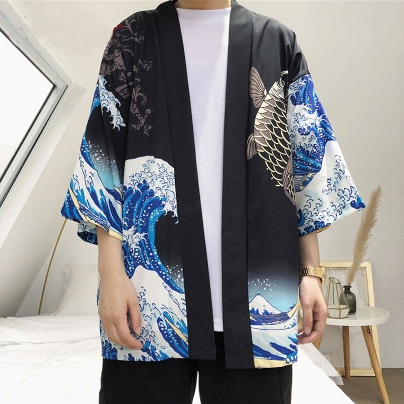 Kimono vest mannen japanse obi mannelijke yukata mannen haori japanse samurai kleding traditionele japanse kleding  aa001: Zwart / Ik