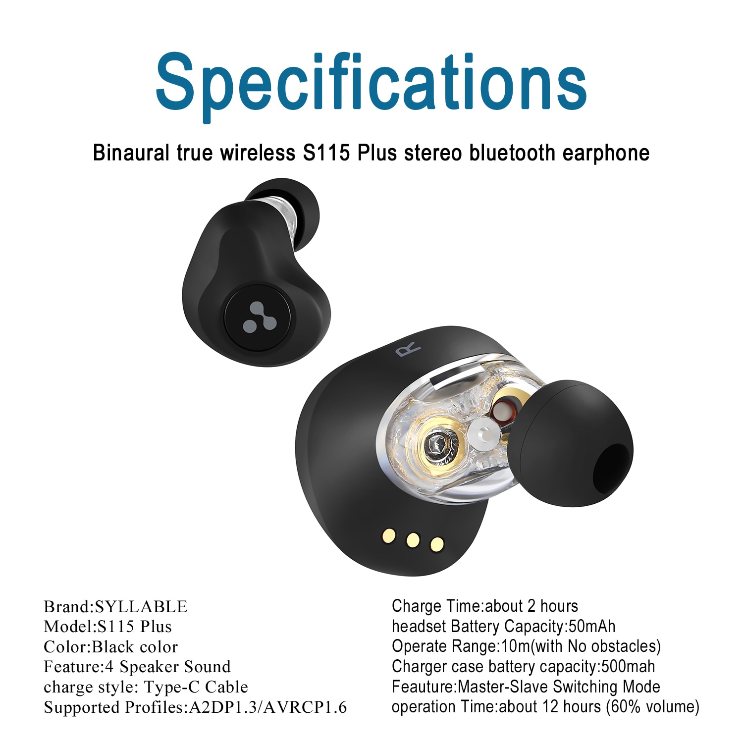 Newest SYLLABLE S115 Plus TWS of QCC3040 Chip Fit for V5.2 Earphones 12 hours True Wireless Stereo Earbuds Strong bass Headset