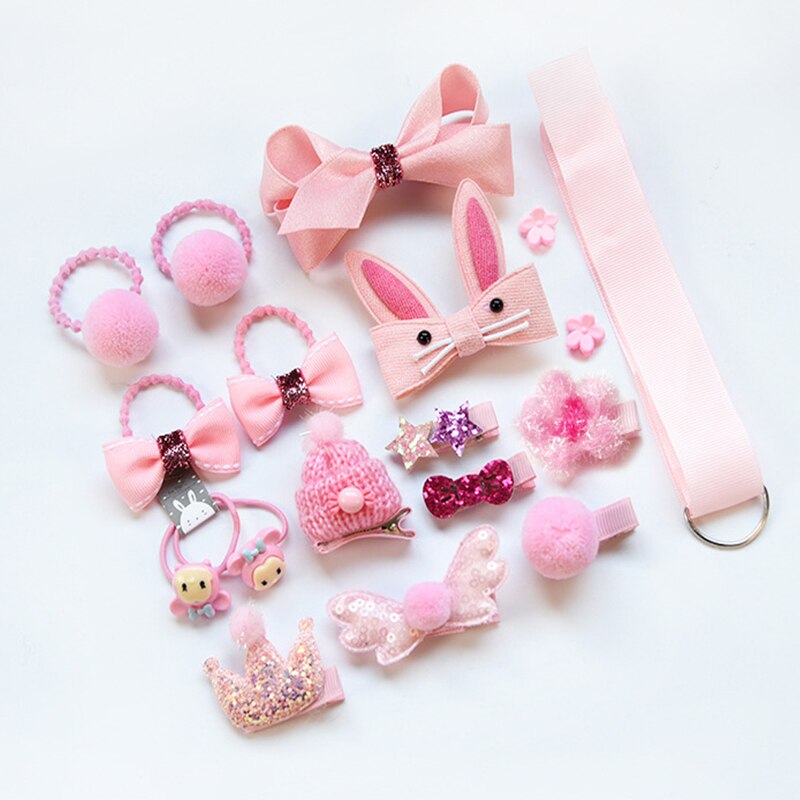 18pcs Princess Infant Kids Girl Baby Headband Grosgrain Hair Bows Clips Hair Rope Rubber Band Headwear Set For Baby Accessories: Pink