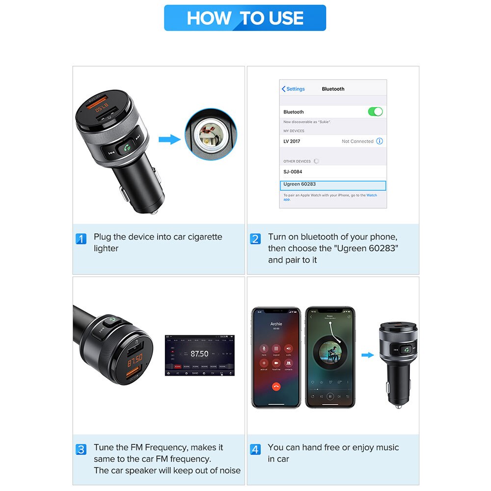 VANJEW C57 Car FM Transmitter Bluetooth 4.2 Wireless Hands-free Car Kit FM Modulator Quick Charge 3.0 Car Charger MP3 Player CE