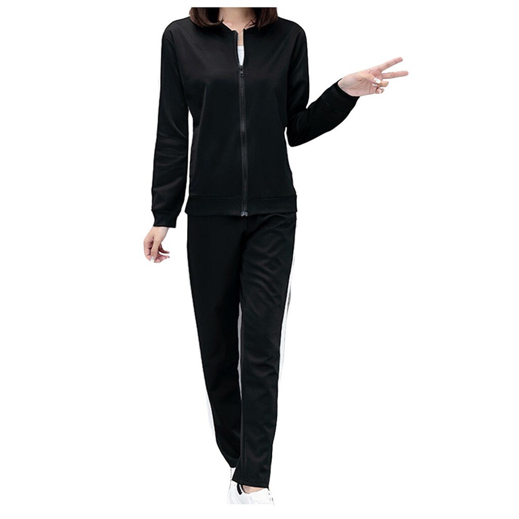 Traje casual de mujer ropa deportiva de manga larga dividida conjunto de 2 piezas pantalones largos traje de chándal Casual de mujer ropa deportiva # D: XXL / Black